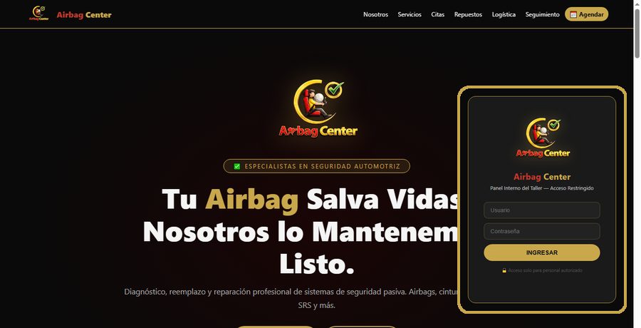 Landing de Airbag Center y su sistema interno de gestión de taller