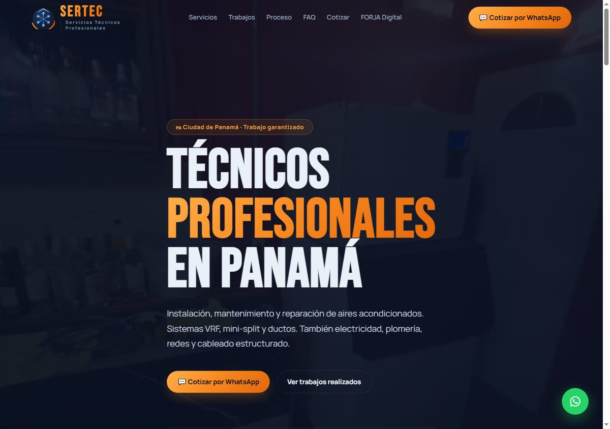 Hero de la landing de SERTEC Técnica con navegación y CTA de cotización por WhatsApp