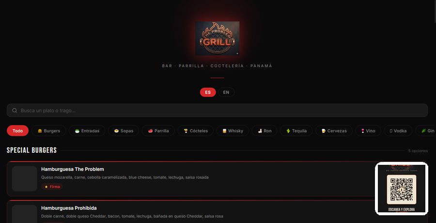 Menú digital de The Problem Grill con código QR