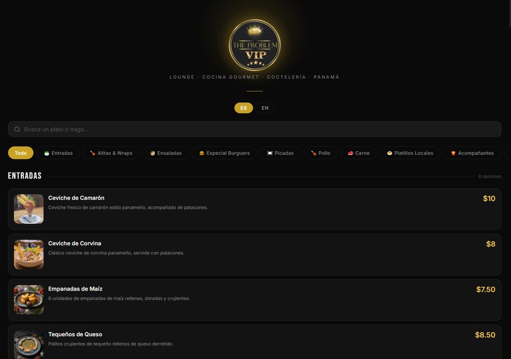 Categorías y búsqueda del menú digital de The Problem VIP
